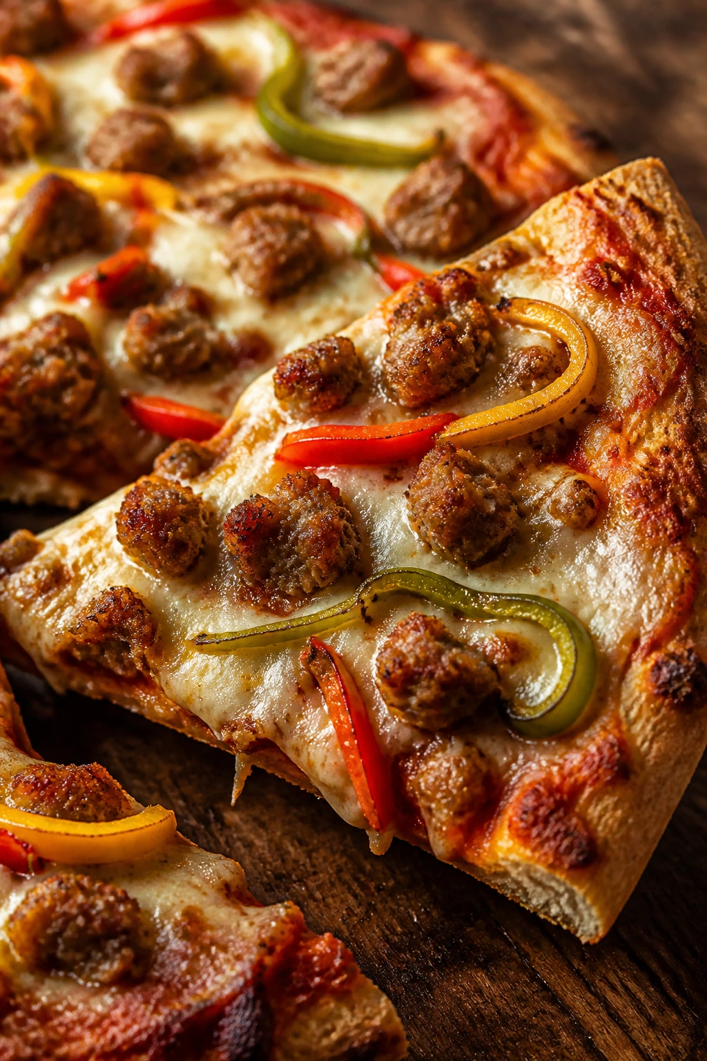 Close-up of a sausage pizza slice with peppers and mozzarella