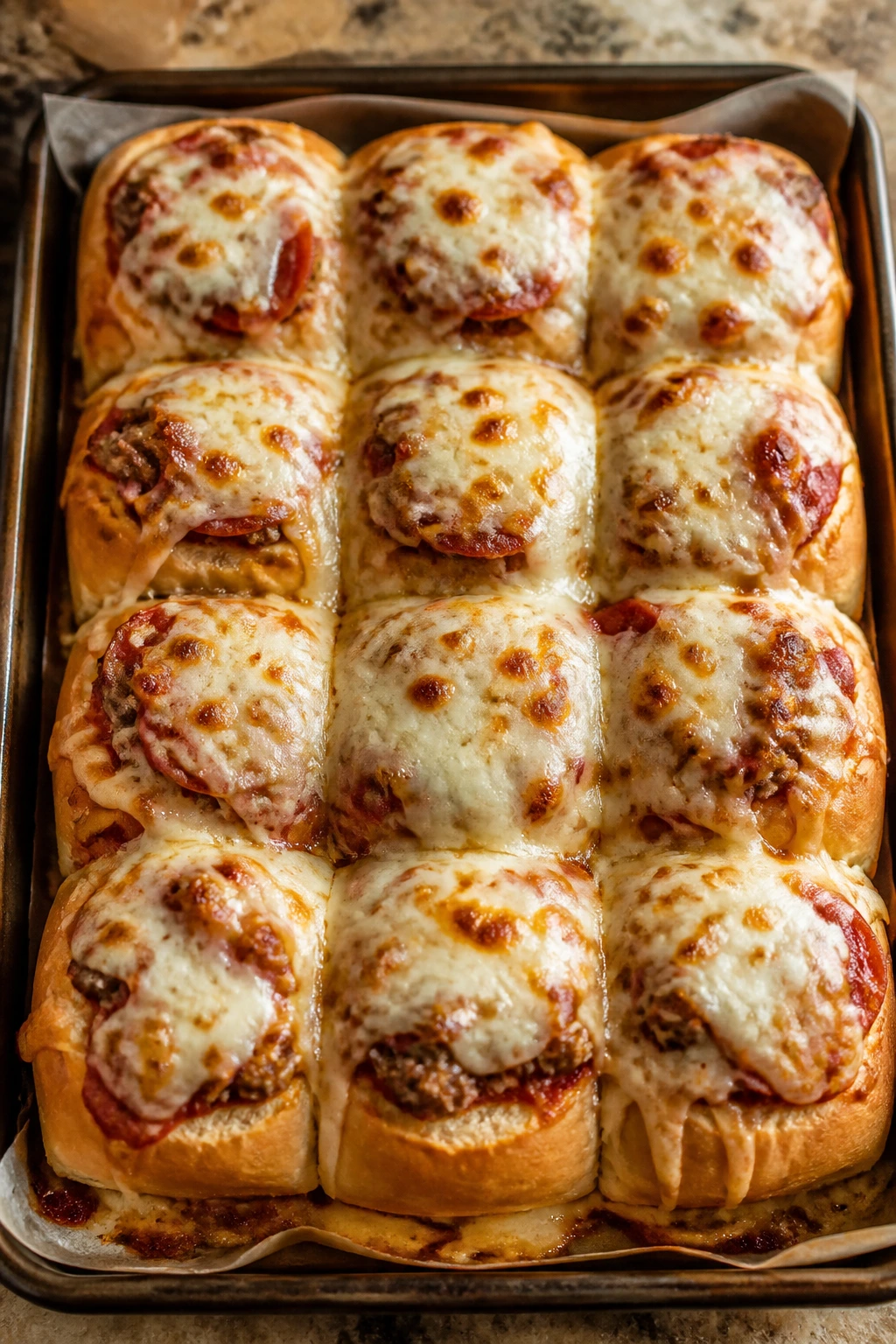 Tray of sausage pizza sliders with melted cheese