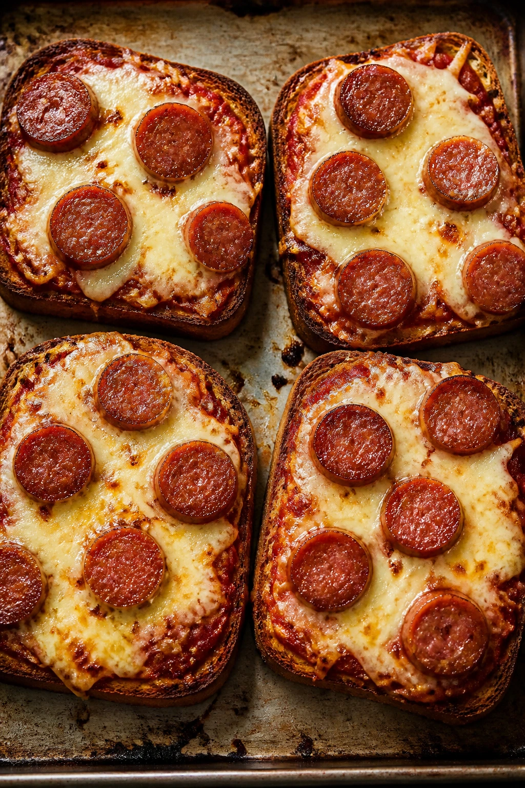 Pizza toast topped with sausage and melted cheese on a baking sheet