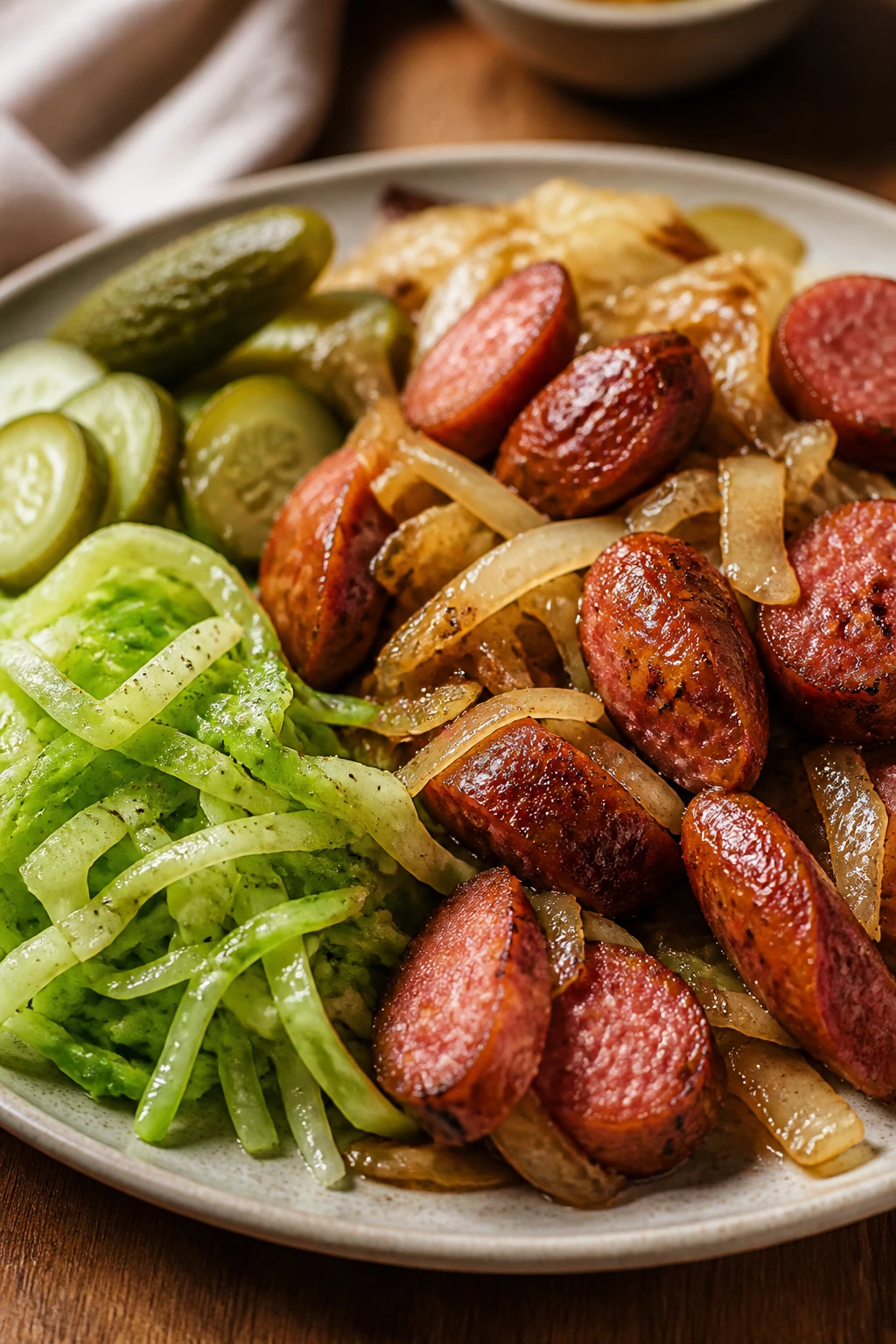 Plate with smoked sausage and a bright green side fills the frame