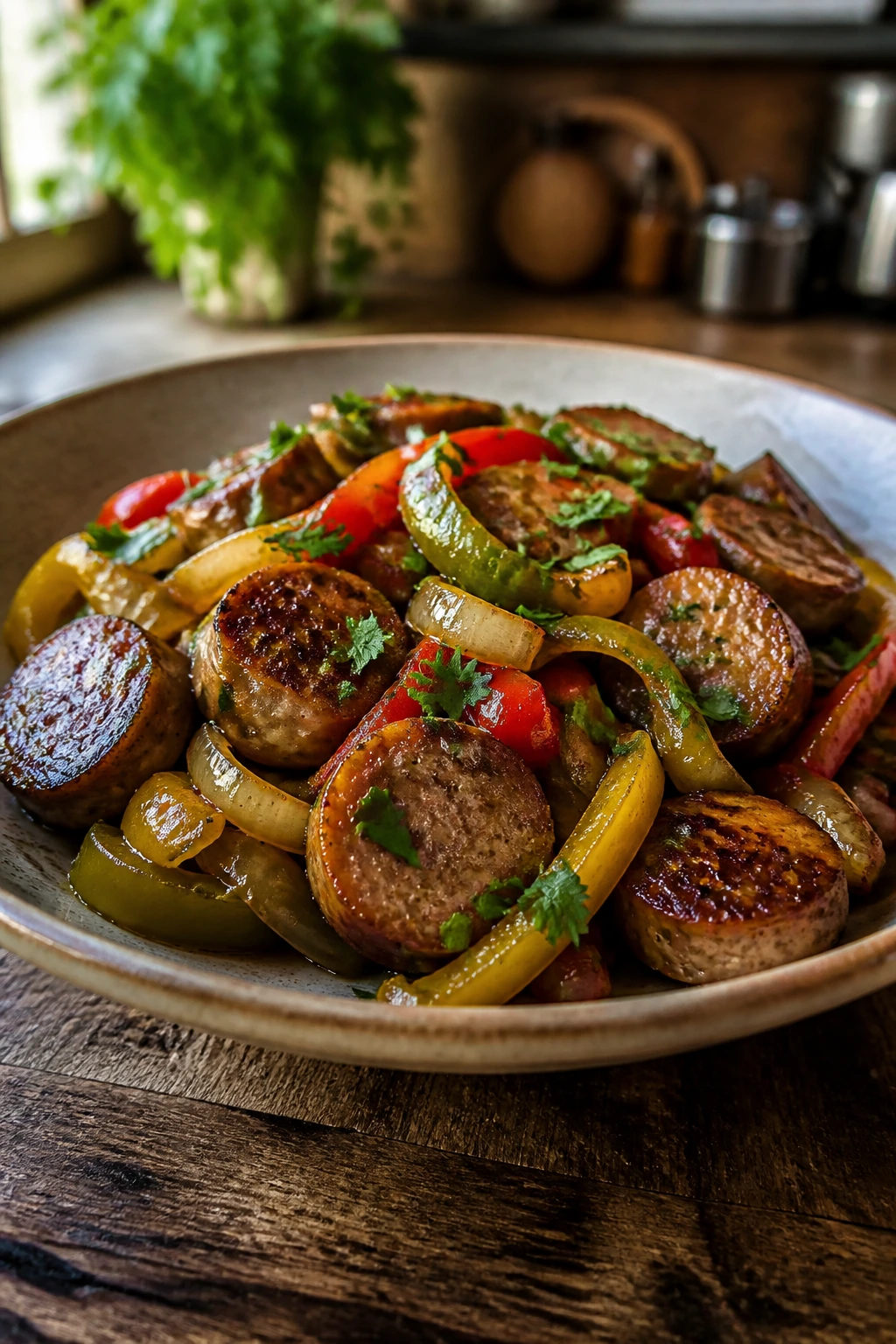 Plate of sausage dinner with peppers and onions, garnished with herbs.
