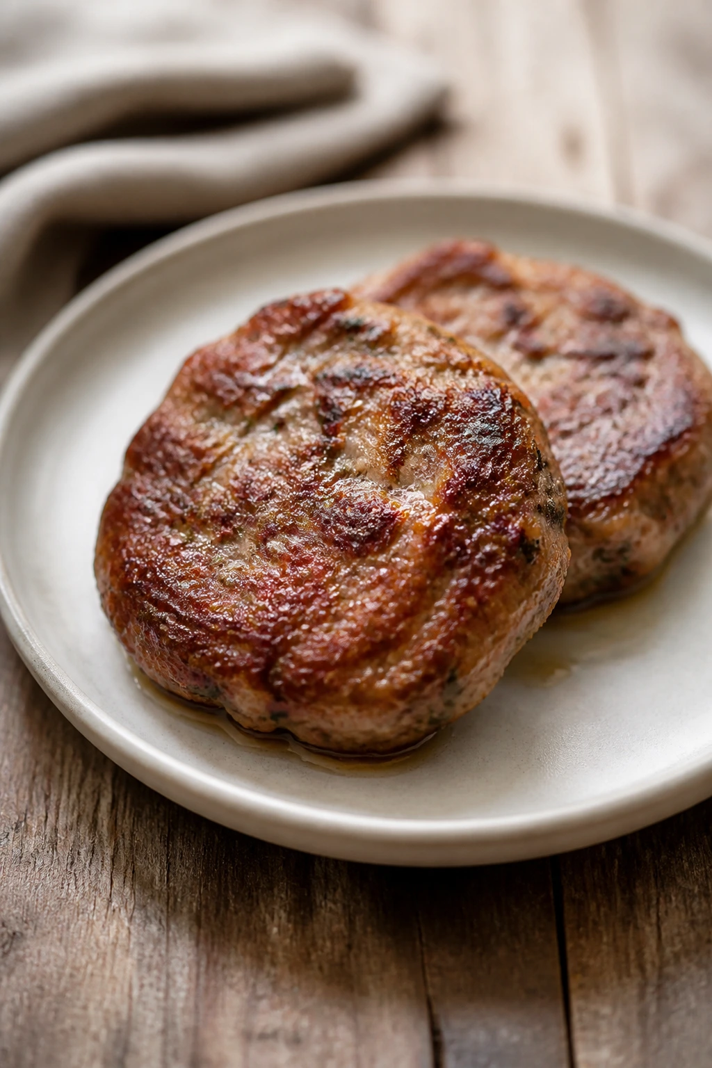 Two sausage patties served simply on a plate
