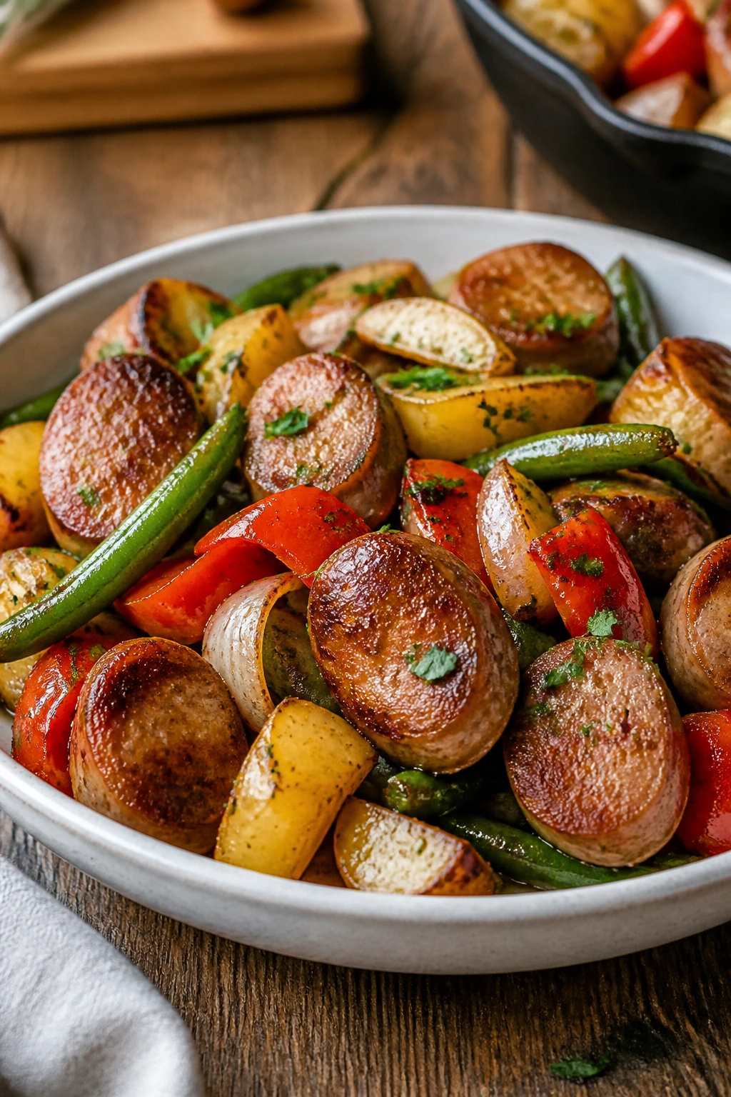 Plated sausage skillet dish in a wide shallow bowl on a rustic kitchen table