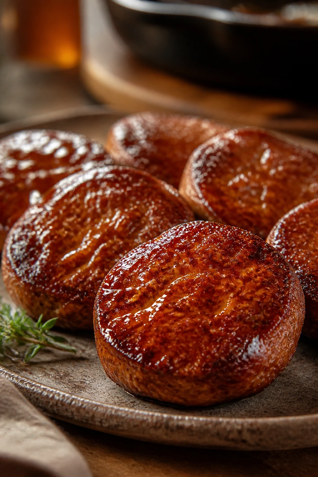 Warm platter of glossy glazed sausage patties on a wooden board