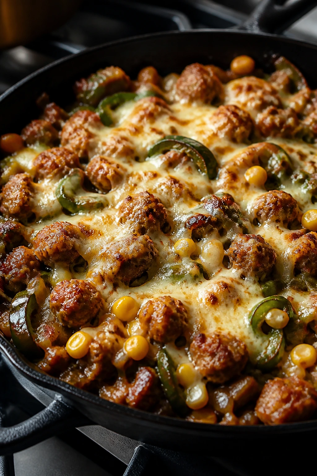 Close-up of sausage poblano skillet with melted cheese