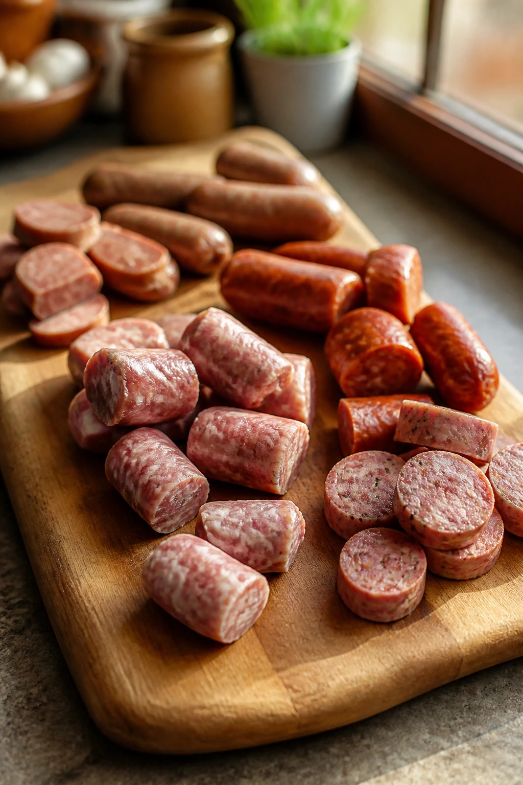 Close-up of assorted sausage portions on cutting board emphasizing portion sizes