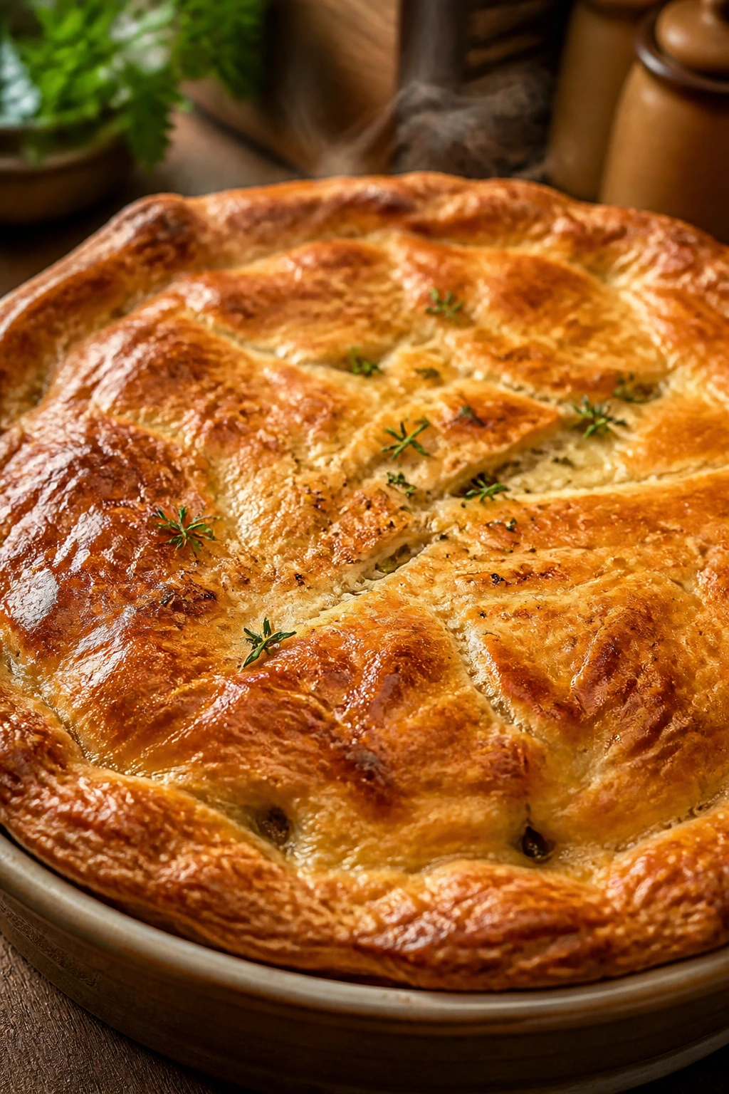 Close-up of golden puff pastry crust atop sausage pot pie