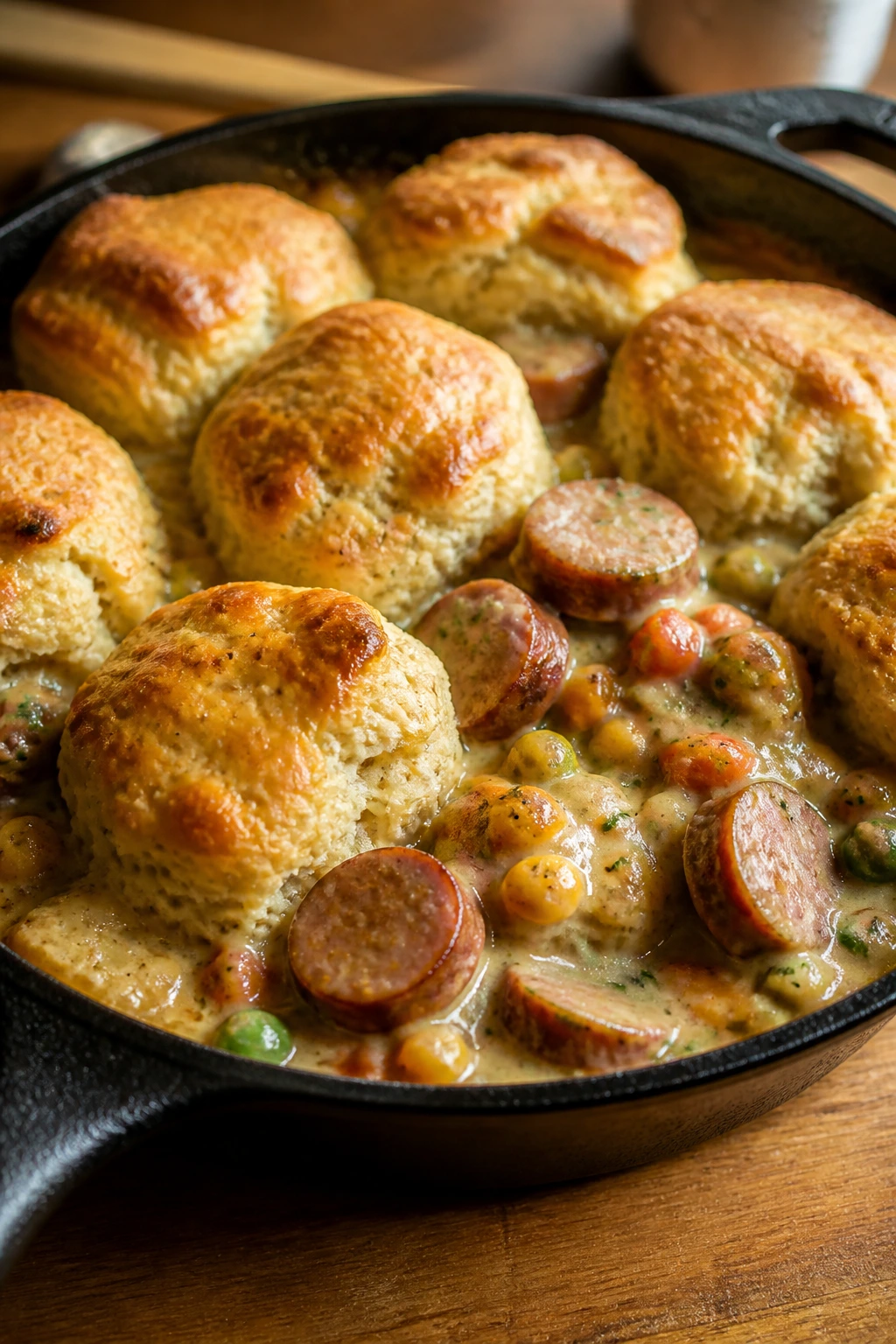 Sausage pot pie in a skillet with golden biscuit topping