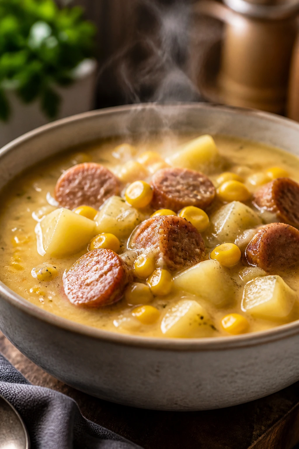 Close-up of hearty sausage, potato, and corn soup in a bowl