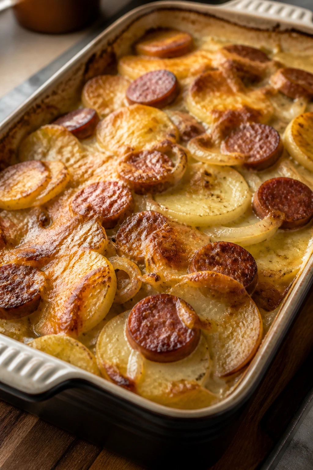 Creamy potato gratin with sausage and onions in baking dish