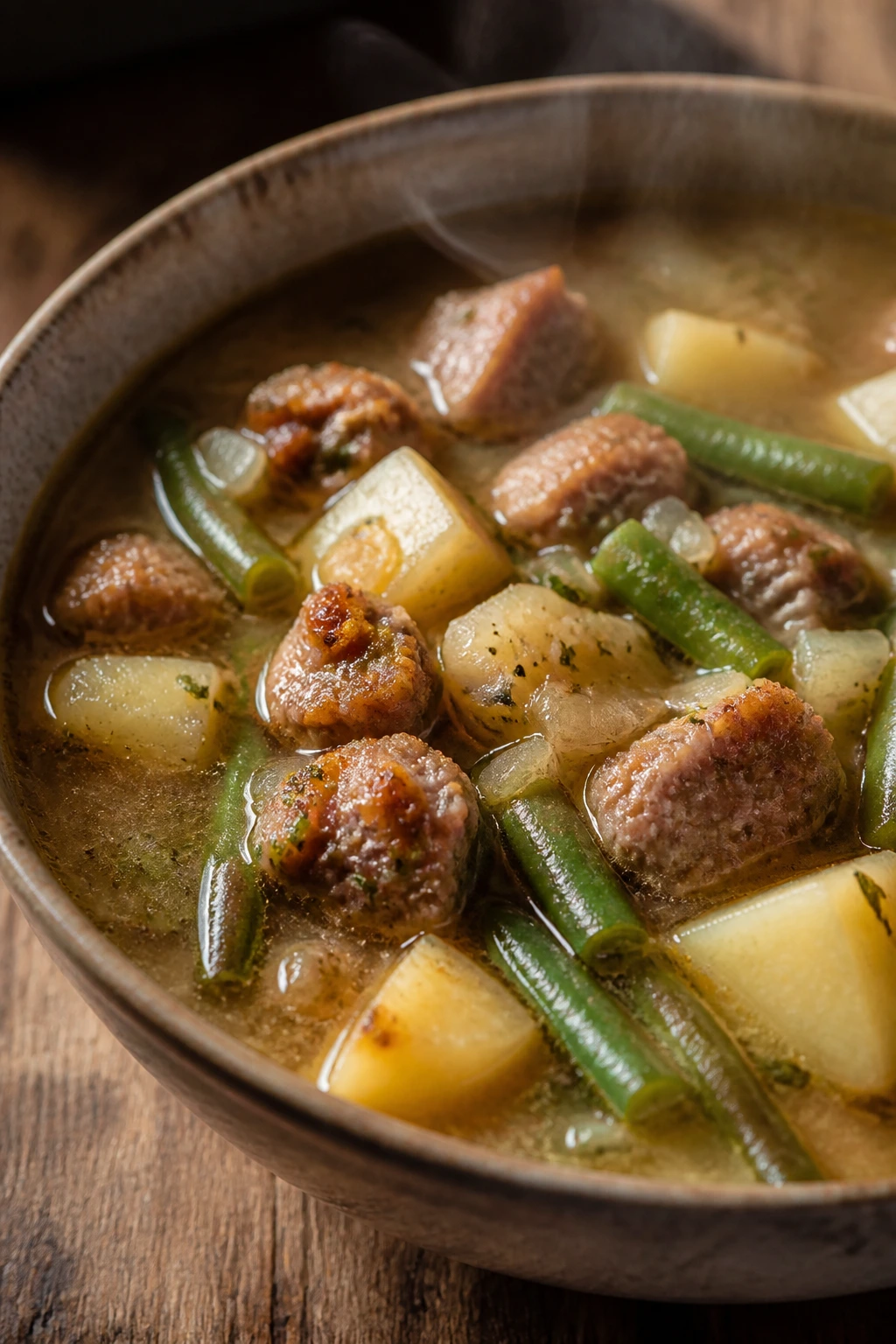 Hearty bowl of sausage potato green bean soup