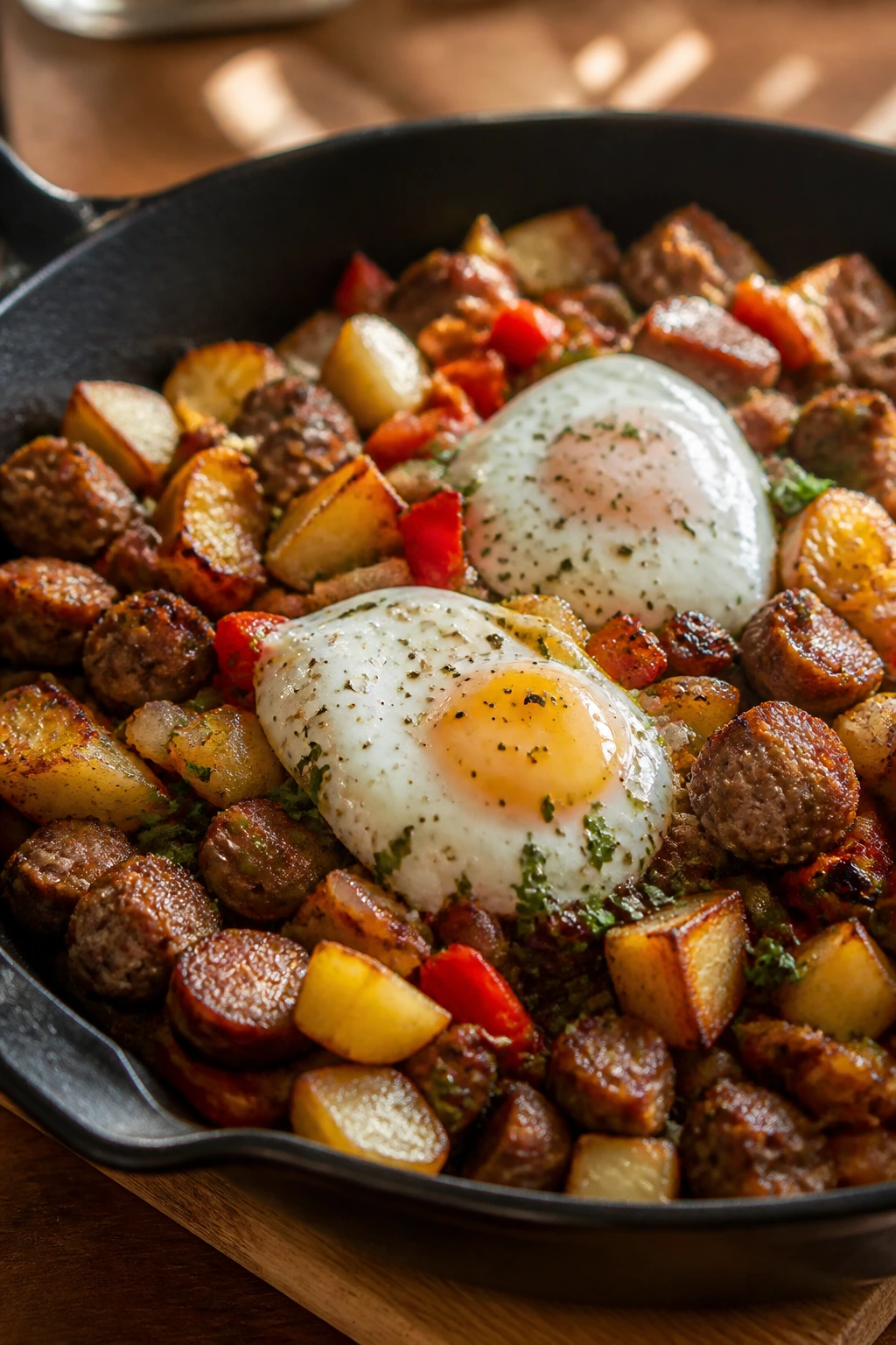 Skillet hash with potatoes and sausage topped with eggs in warm kitchen light