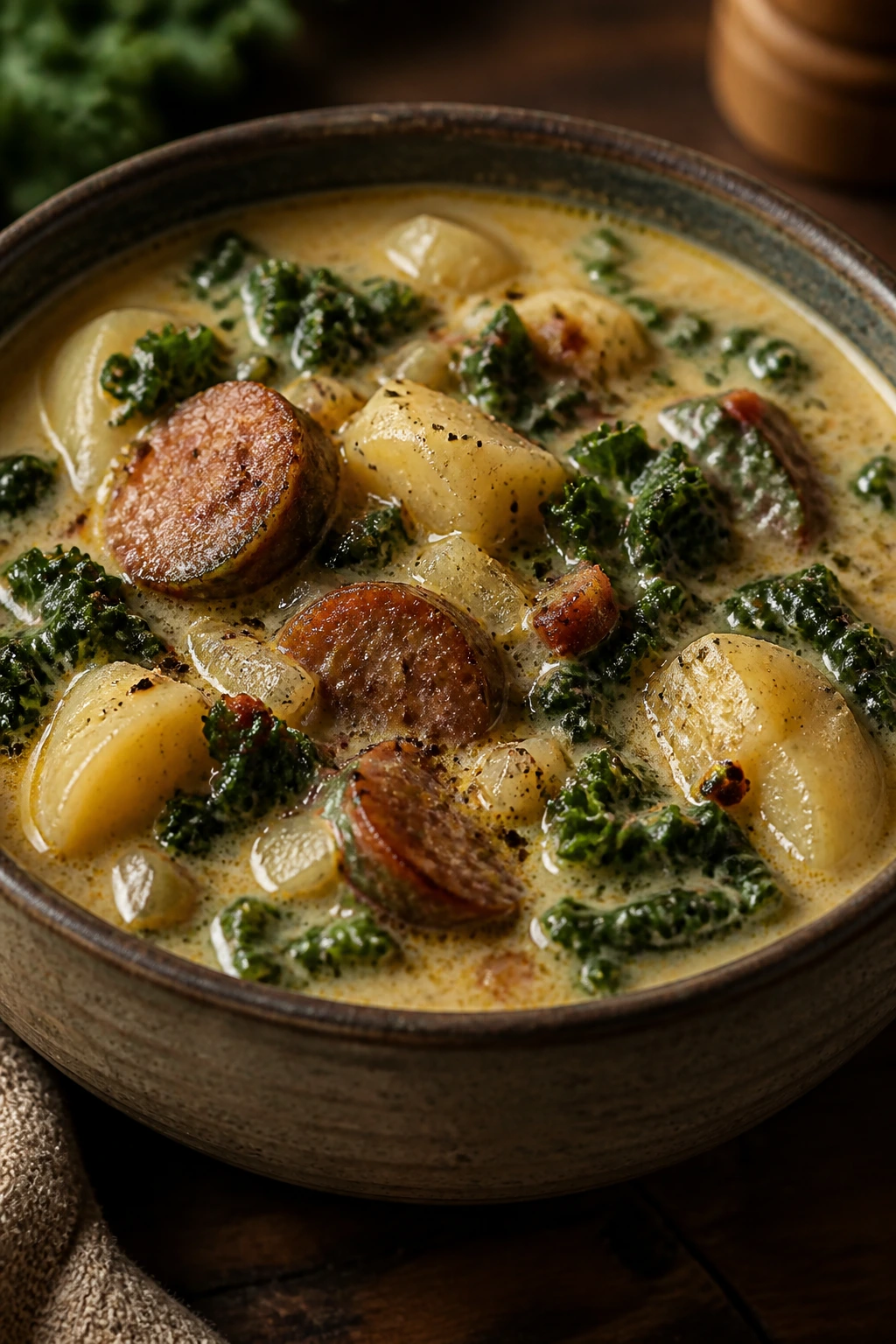 Close-up of sausage potato kale chowder with sausage, potatoes, and kale in rich broth.