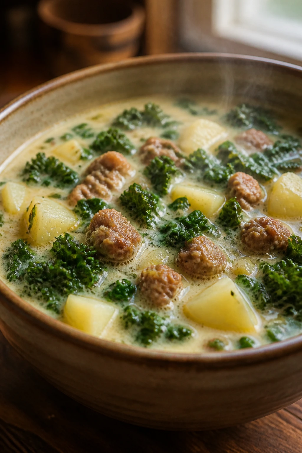 Medium close-up of sausage potato kale soup in a bowl with visible potatoes and kale