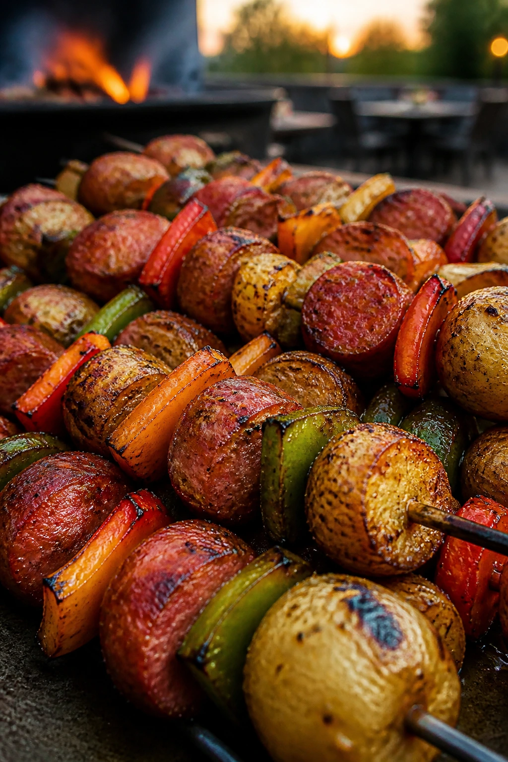 Close-up of Cajun sausage, potato, and pepper skewers on a grill