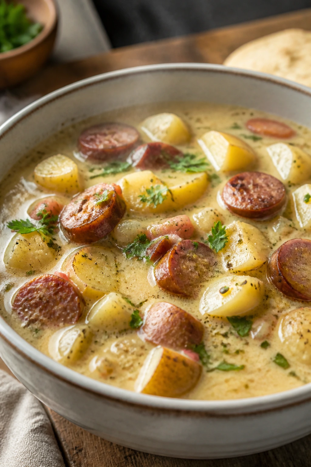 Bowl of sausage potato soup with sausage and potatoes