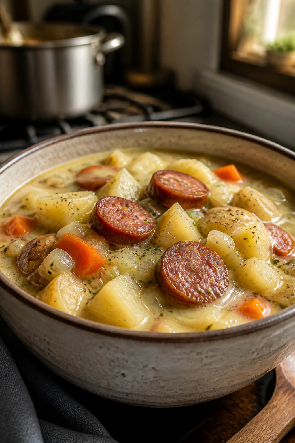 Chunky sausage and potato soup in a bowl
