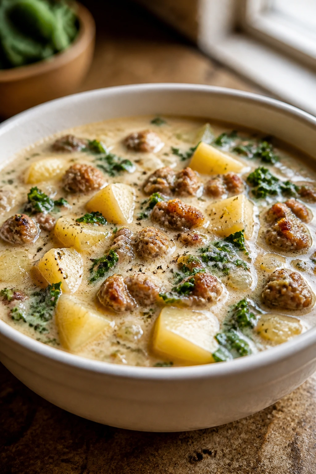 Bowl of creamy sausage and potato soup with sausage pieces and potato chunks.