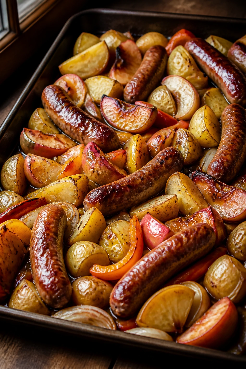 Sheet pan filled with sausage, potatoes, apples, and onions glazed with brown sugar