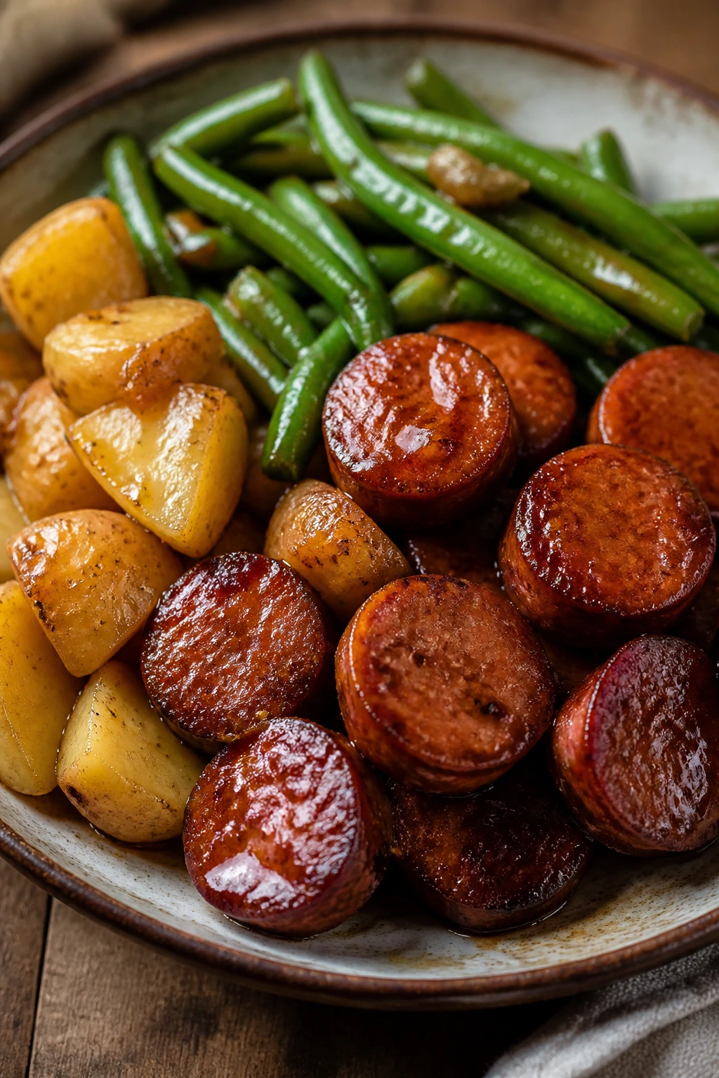 Plate highlighting sausage, potatoes, beans with glossy glaze