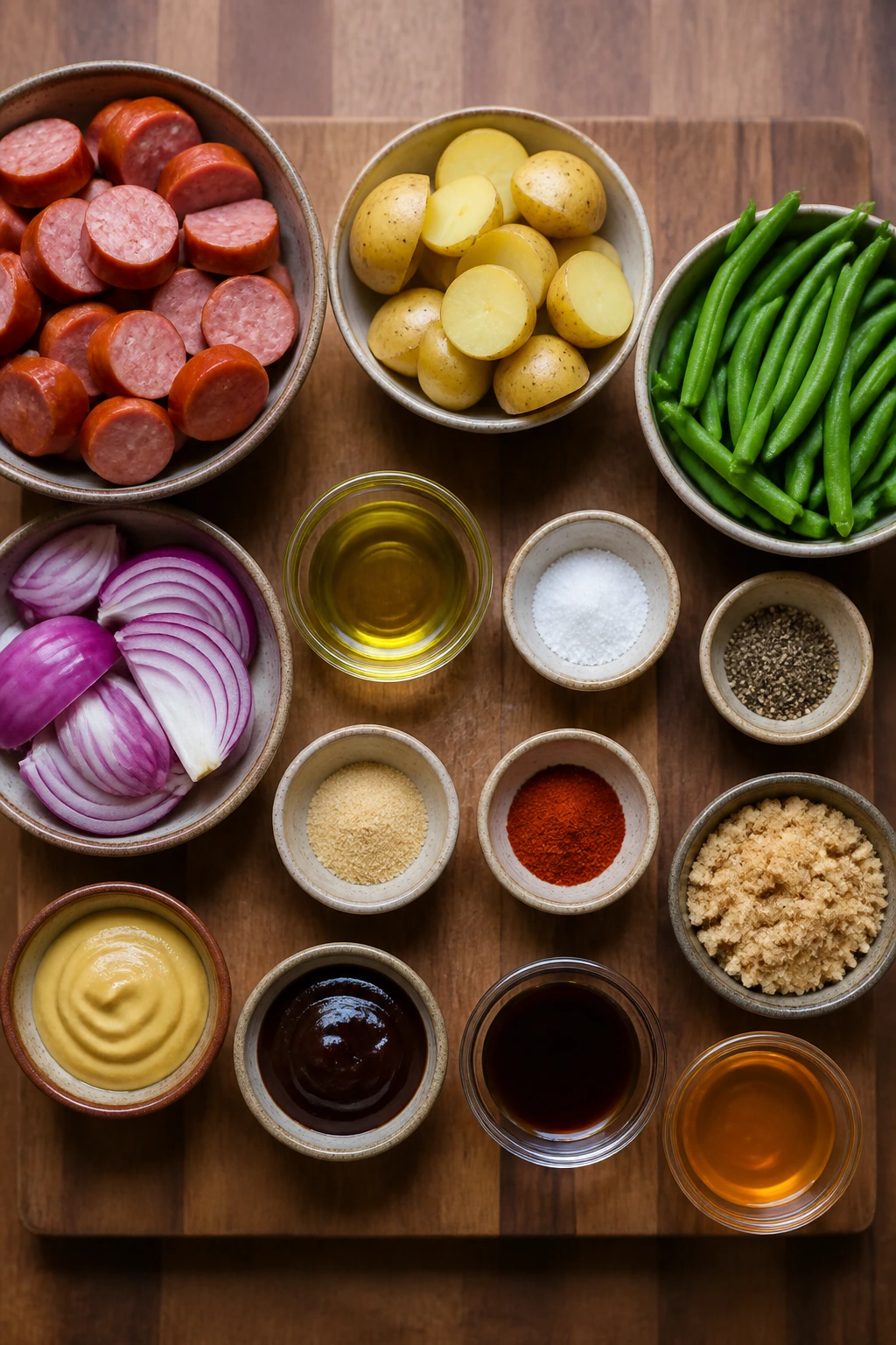 Top-down lineup of sausage, potatoes, beans, and spices for dinner