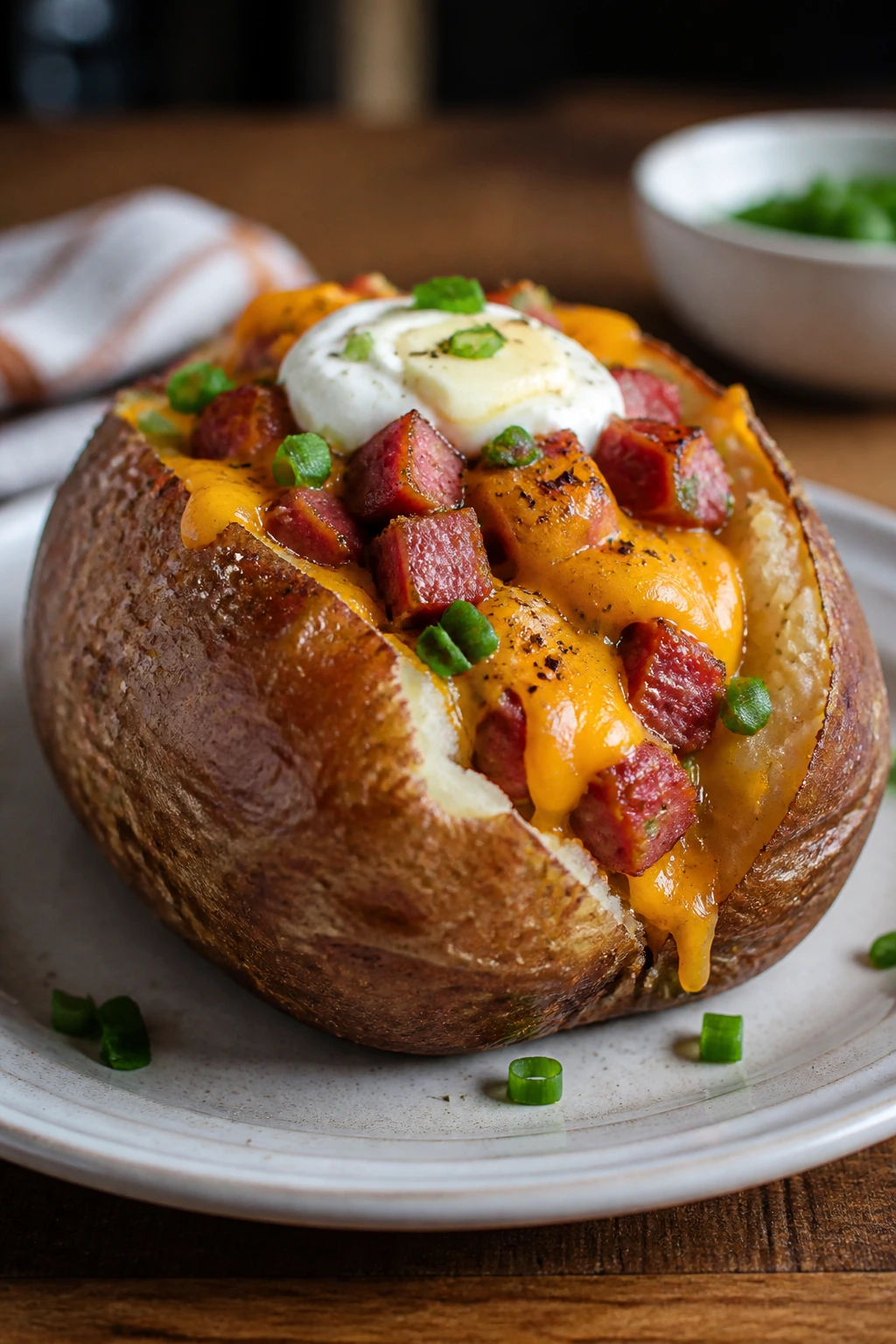 Loaded baked potato with sausage and cheddar filling
