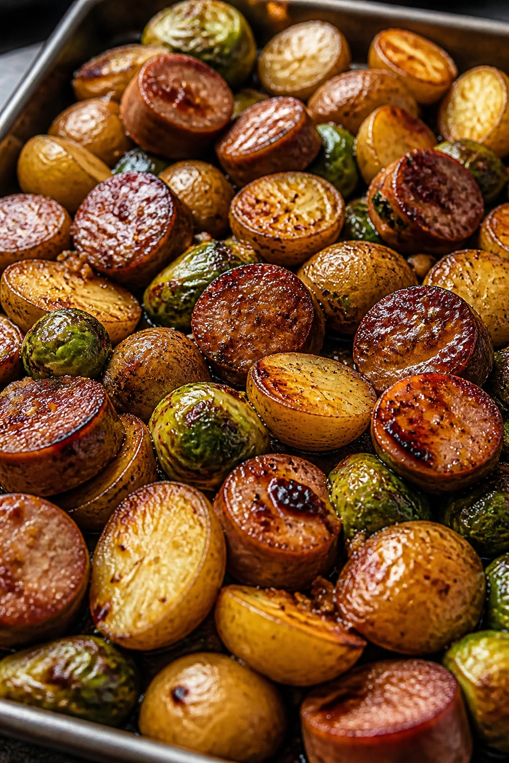 Close-up of a sheet-pan sausage dinner with potatoes and Brussels sprouts in glossy glaze