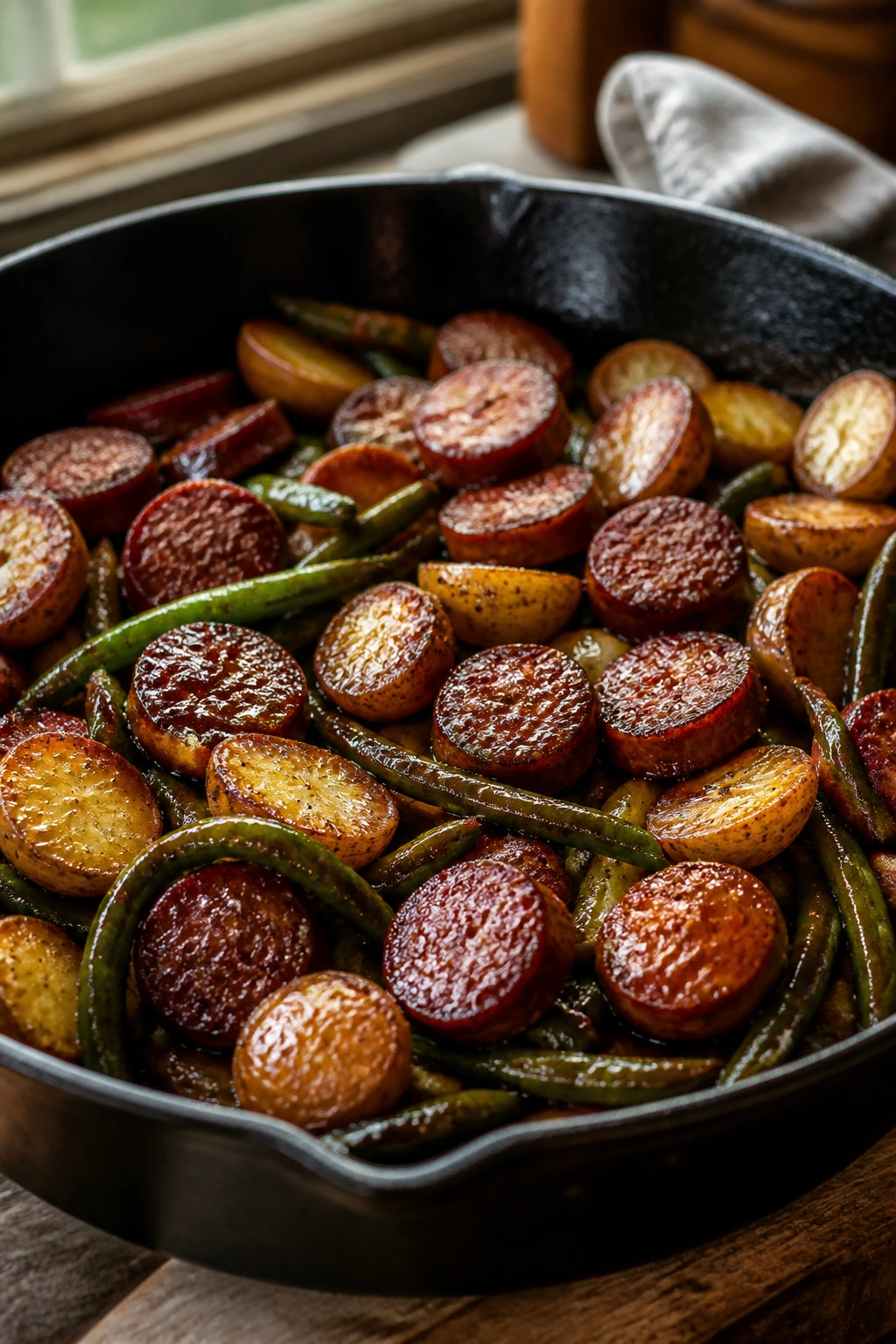 Close-up of crispy sausage with potatoes and green beans in glaze