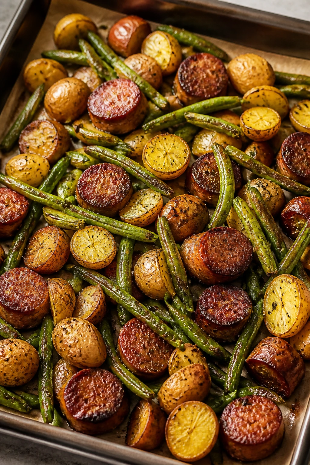 Close-up of sheet pan with sausage, potatoes, and green beans in a kitchen.