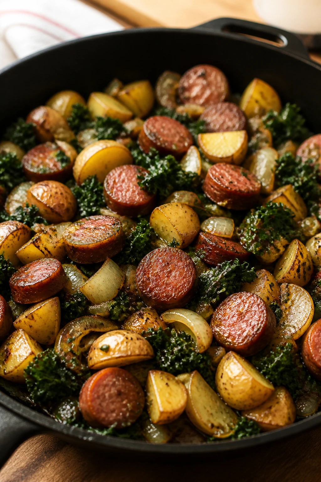 Sausage, potato, and kale skillet in a skillet on a counter