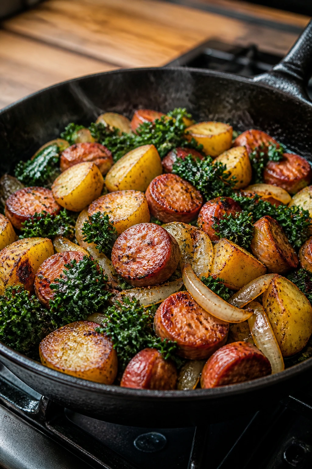 Close-up of sausage, potatoes, and kale in a skillet