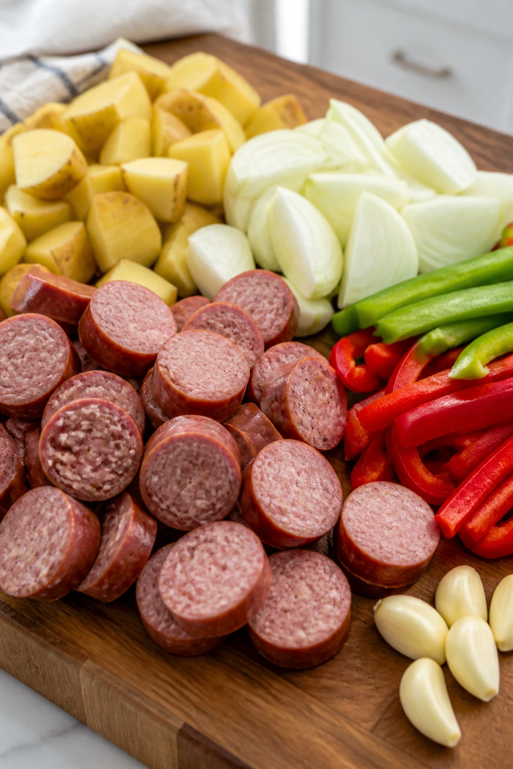 Top-down view of raw skillet ingredients on a cutting board: sausage coins, potato cubes, onion, peppers, and garlic
