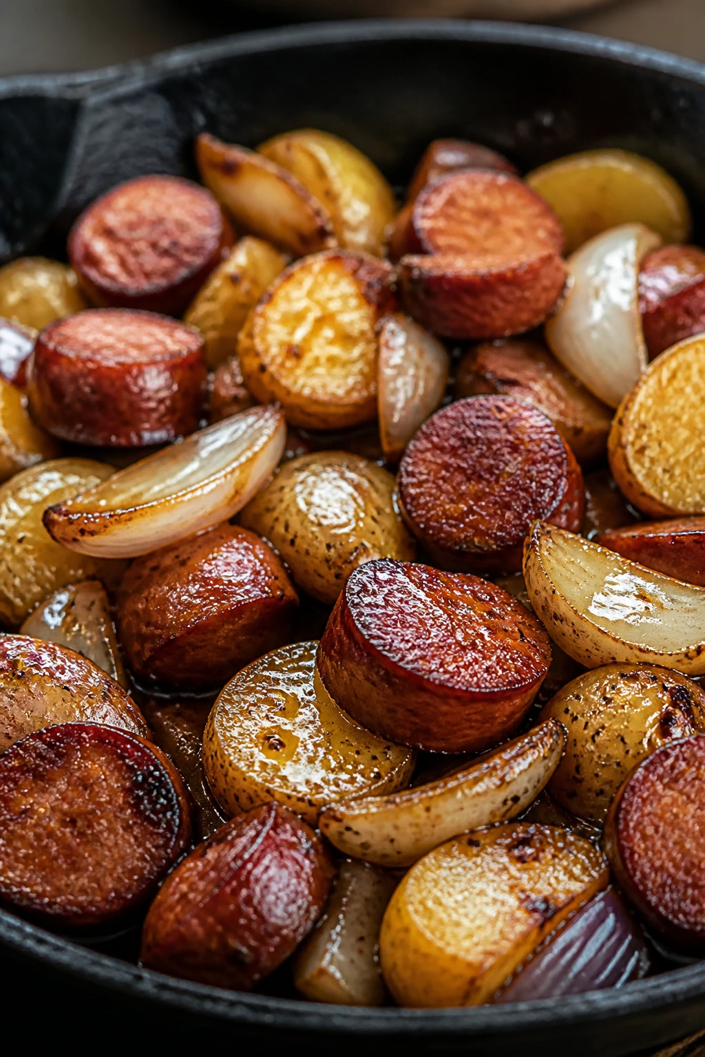 Skillet with sausage, potatoes, and onions browning in skillet