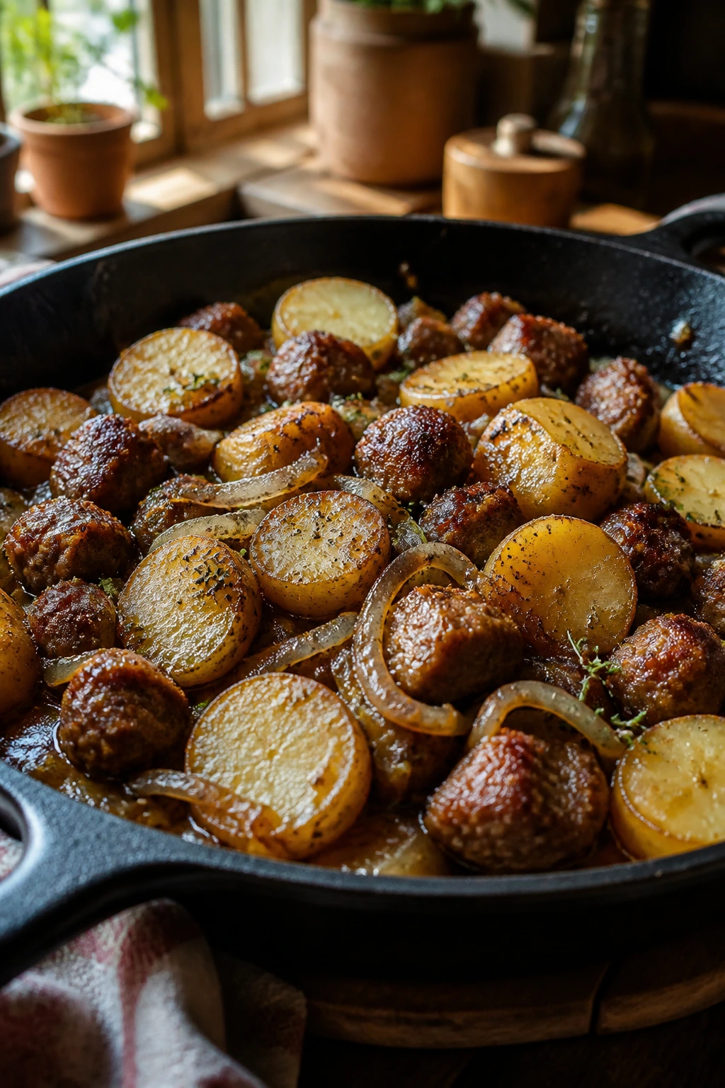 Close-up of a rustic sausage and potato skillet in a warm kitchen