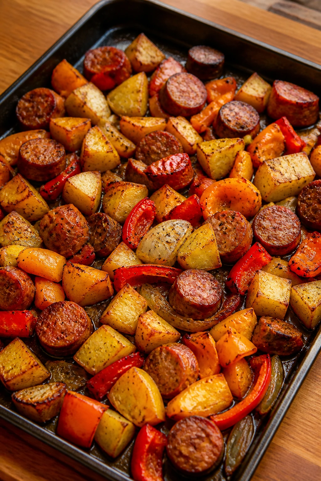 Sheet pan of sausage, potatoes, and peppers fresh from the oven