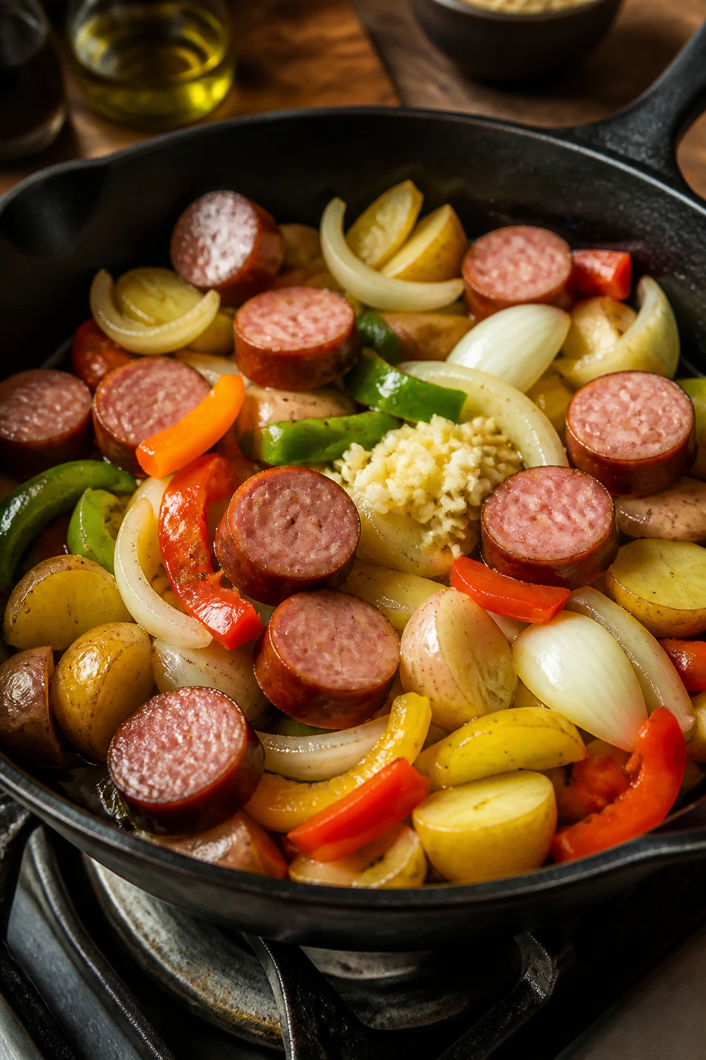 Skillet loaded with sausage, potatoes, onions, peppers