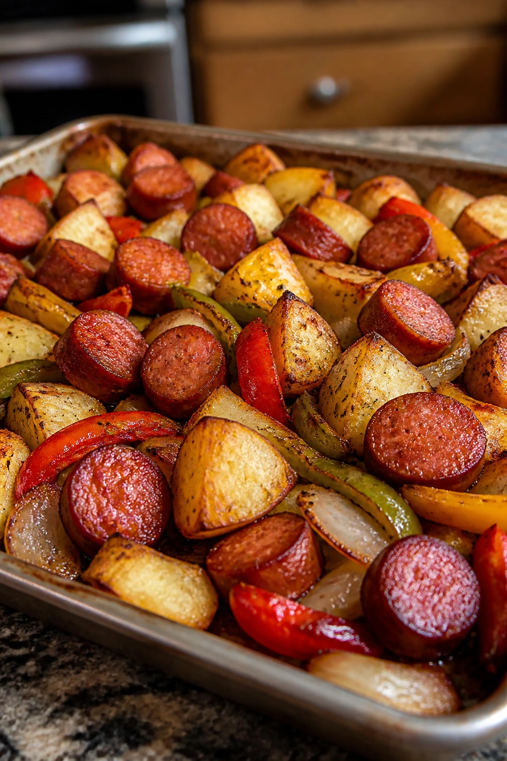 Roasted sausage, potatoes, and peppers on a sheet pan