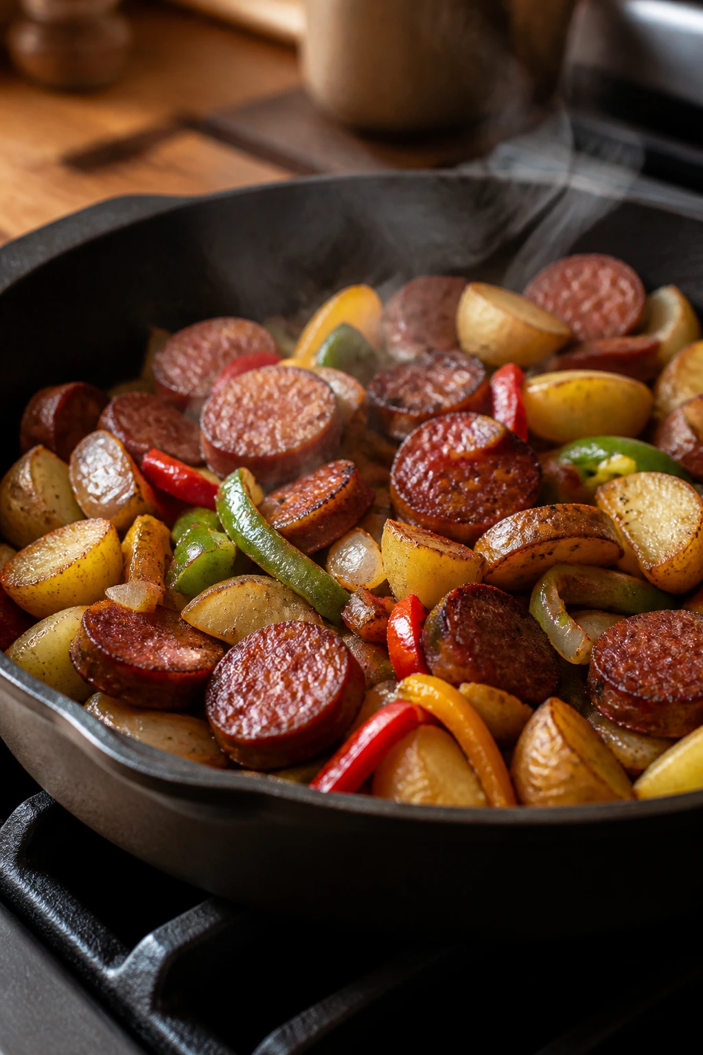 Skillet on stove with browning sausage and potatoes cooking