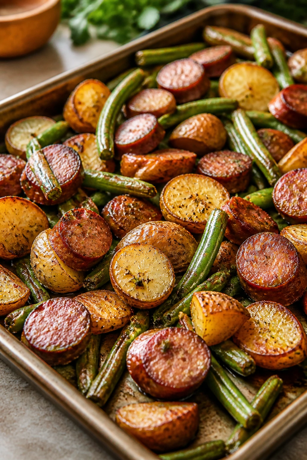 Sheet-pan sausage and potatoes with green beans, crisp and golden.