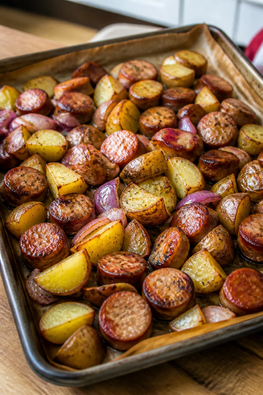 Sheet pan dinner with sausage and potatoes on a wooden counter