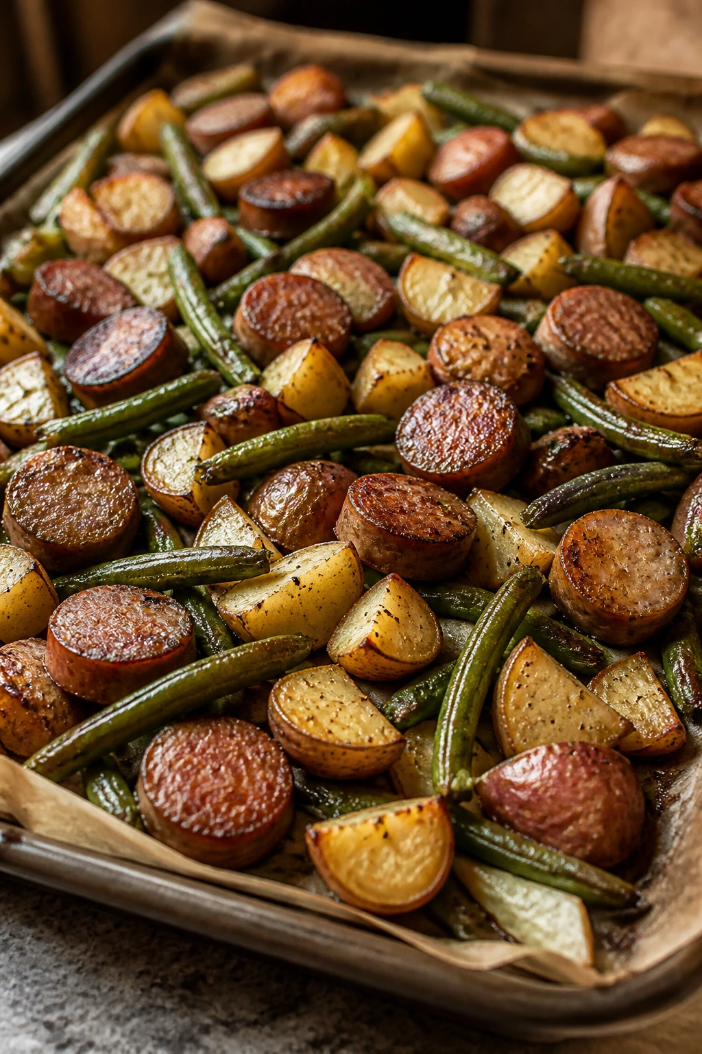 Sheet pan with roasted potatoes, sausage, and green beans