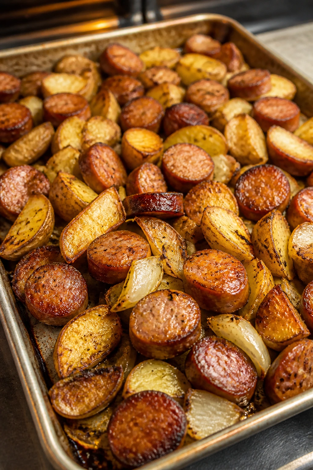 Roasted sausage and potatoes on a sheet pan