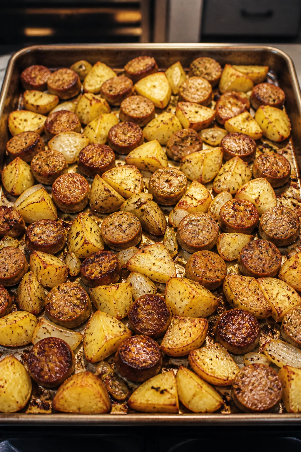 Sheet-pan sausage and potatoes on a pan with crisp edges