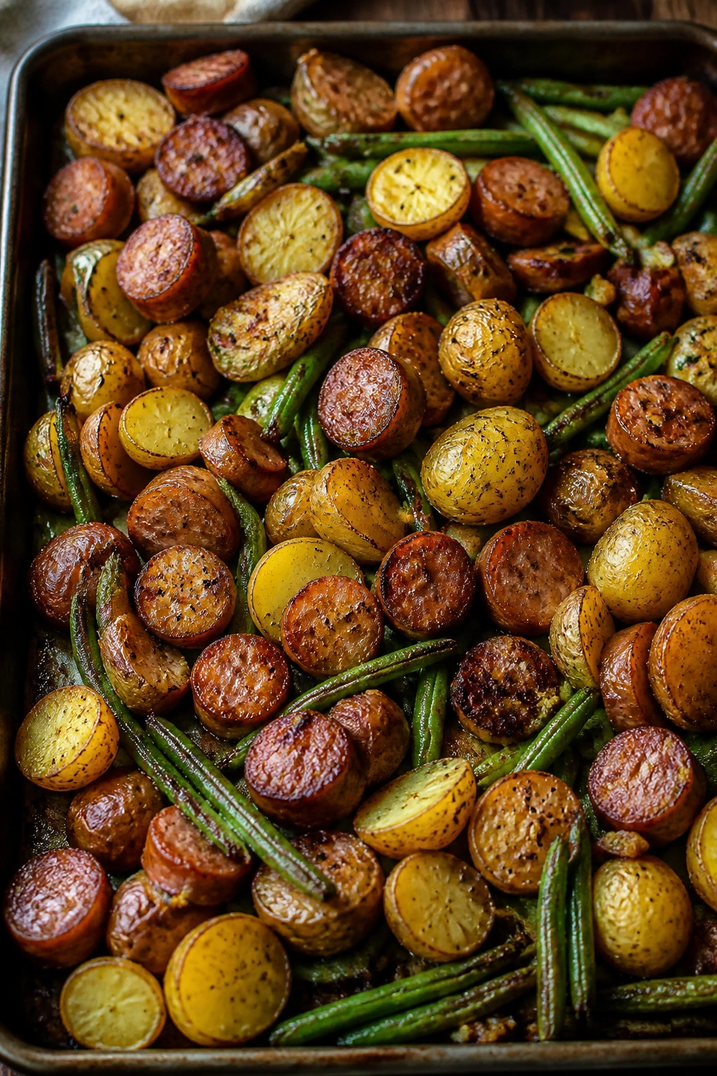 Close-up of roasted sausage, potatoes, and beans on a sheet pan
