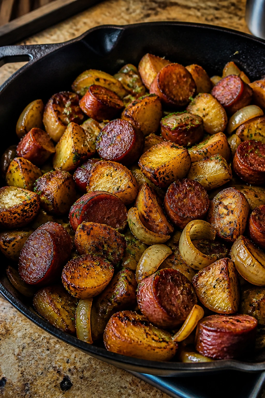 Skillet with crispy browned potatoes and smoked sausage slices
