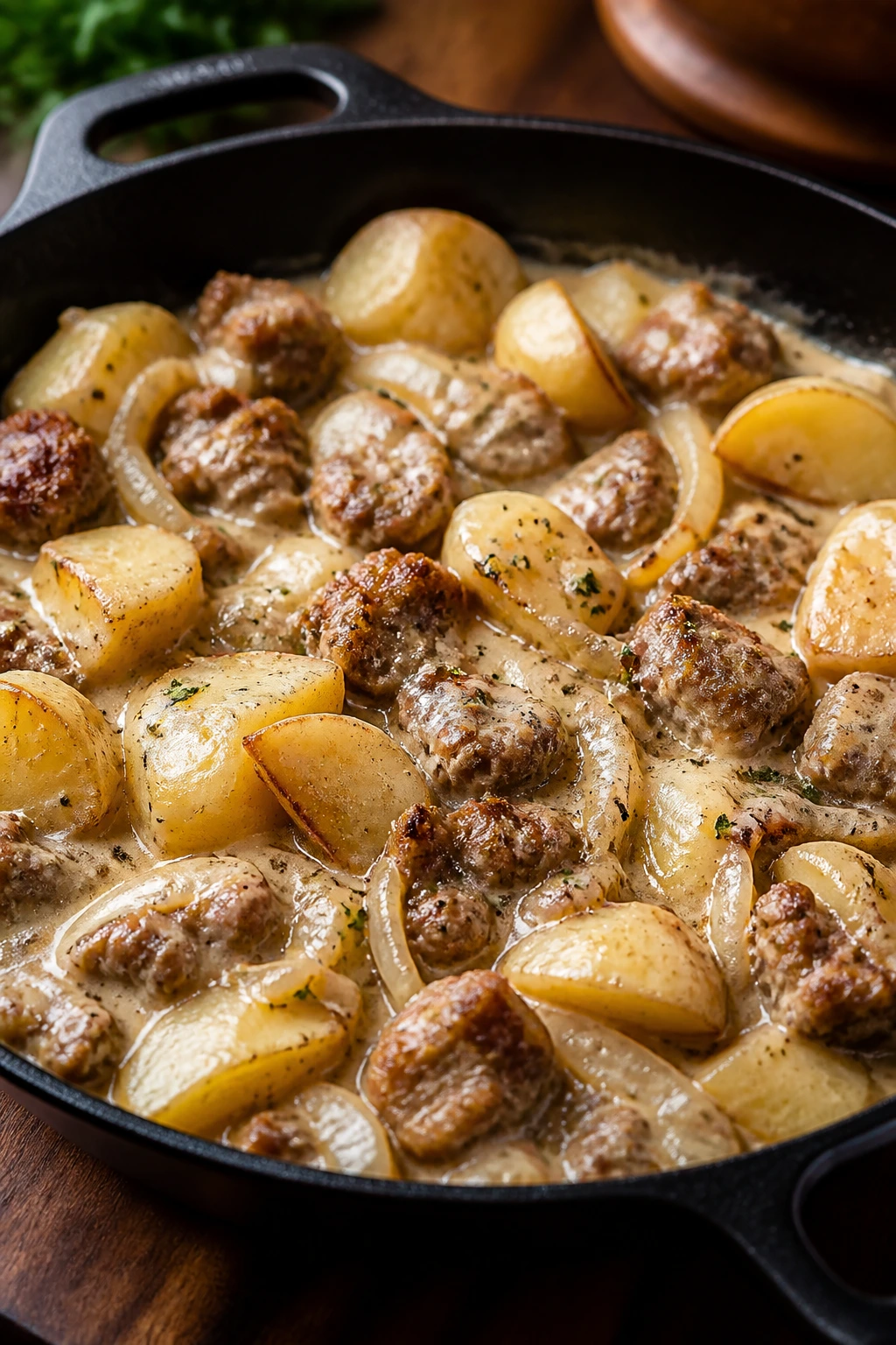 Close-up of creamy sausage and potato skillet in a kitchen