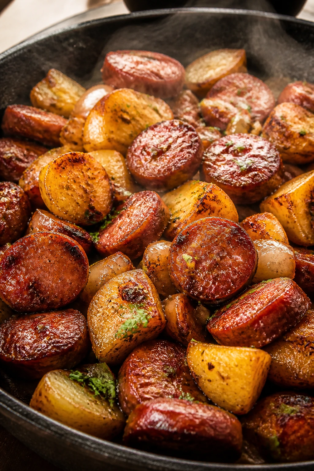 Close-up of a cohesive smoky sausage and potato skillet with glaze