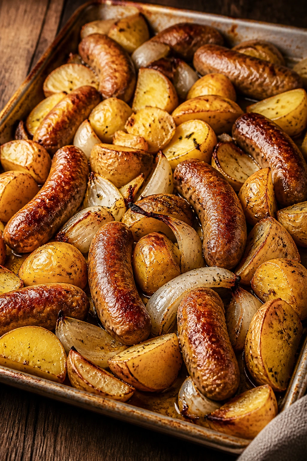 Sheet pan tray bake of potatoes and sausage on a wooden table