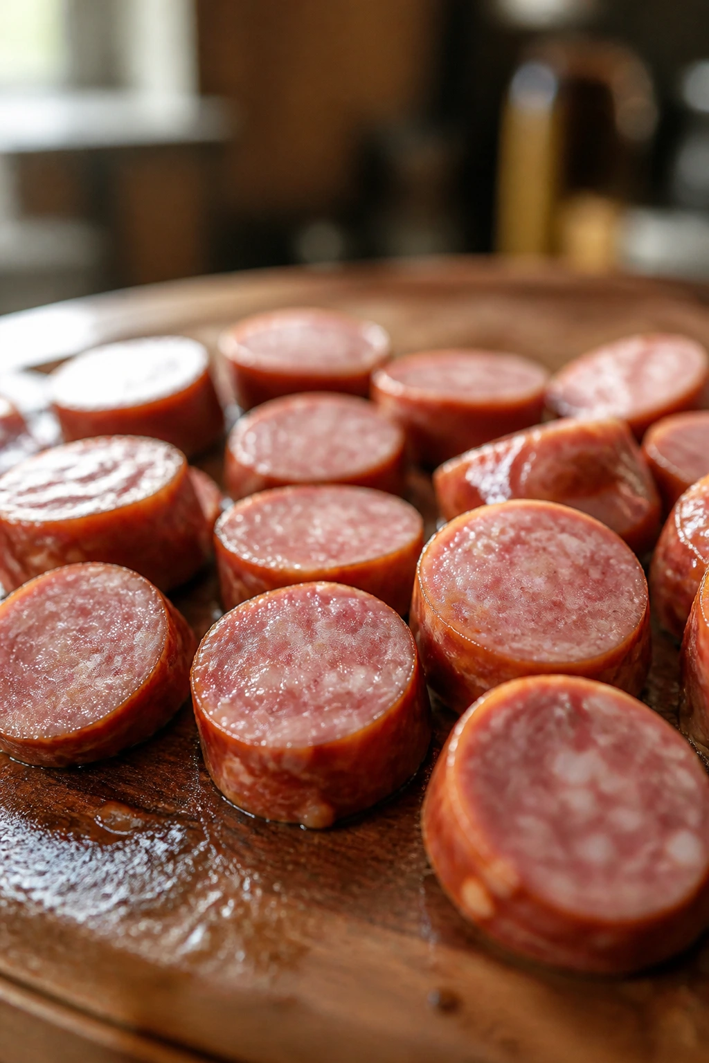 Raw sausage coins on cutting board before cooking