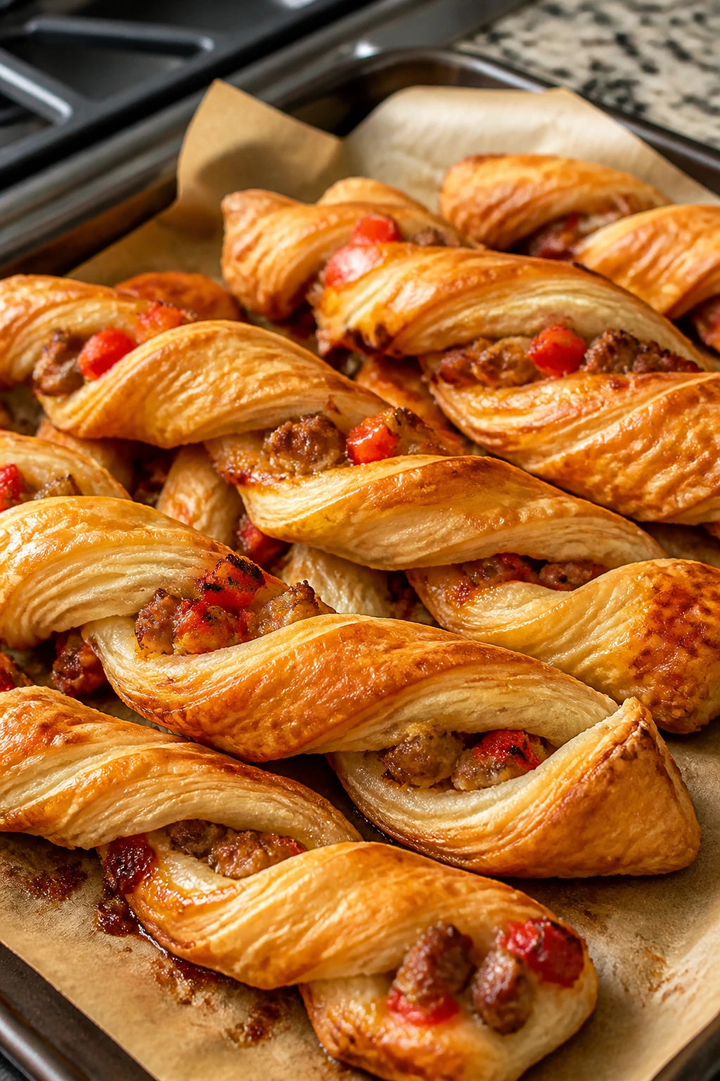 Close-up of sausage and pepper puff pastry twists on parchment